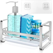 Kitchen Organiser Sink with Removable Drain Tray, Stainless Steel Sponge Holder,Tidy Rack Sink Caddy
