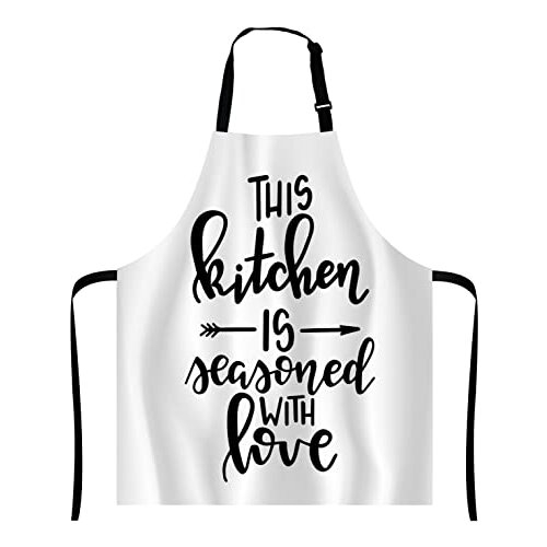 Inspirational Quote Apron This Kitchen Is Seasoned With Love Bib   Inspirational Quote Apron This Kitchen Is Seasoned With Love Bib Apron With Adjustable Neck For Men Womensuitable For Home Kitchen Cooking Waitress 