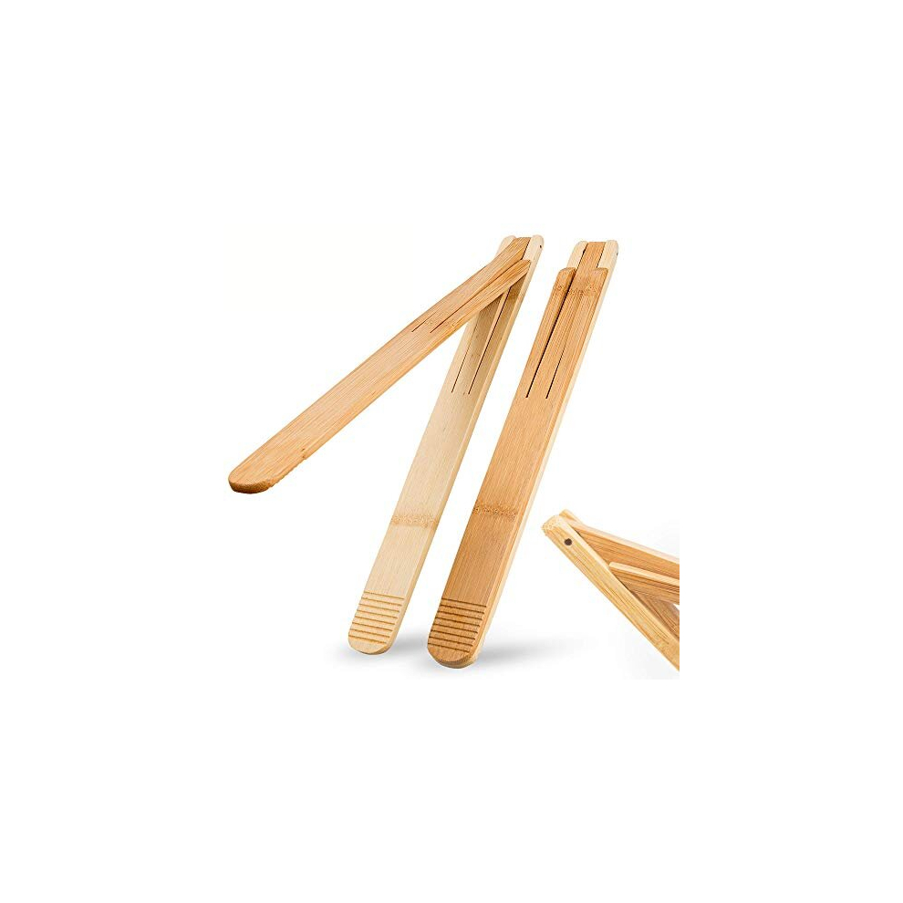 Bamboo Wood Salad Tongs with Space Saving Collapsible Spring, 11" Cooking Tong Enhanced Grip for Kitchen, BBQ Cooking, Camping or Grill, Foldable