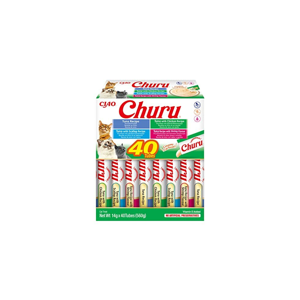 Churu by INABA Cat Treat - Tuna Seafood Variety Box - 1 Pack (40 x 14g total) / Soft & Creamy Cat Treat, Delicious & Healthy Snack, Purée Food Topper