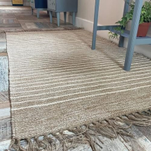 - BEKAL Area Rug | Sand Beige and Off White Pin Stripe Weave of Cotton Jute Yarn | Hand Woven | Ethical Trade | Eco-Friendly (70 x 130 cm)