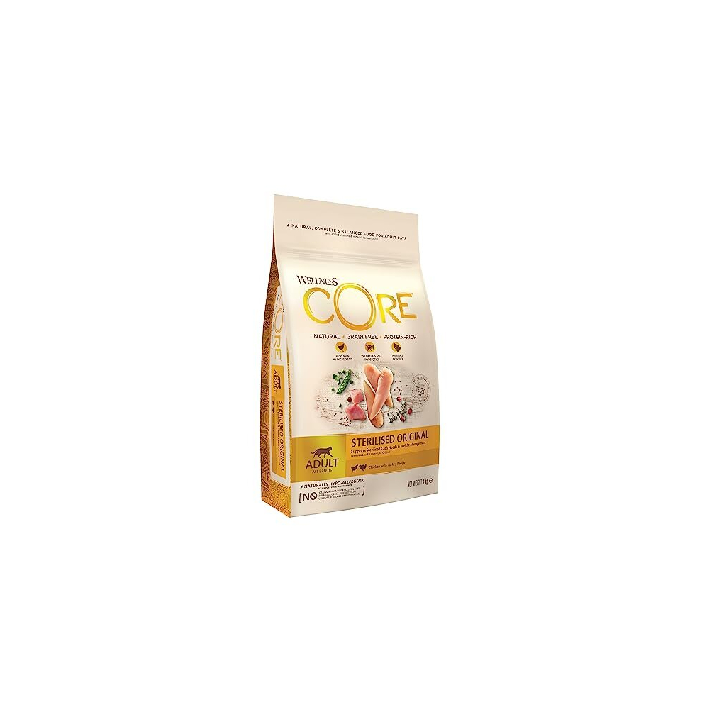Wellness Core Sterilised Original, Dry Cat Food, Cat Food Dry For Sterilised Cats, Free, High Meat Content, Turkey & Chicken, 4 Kg Grain