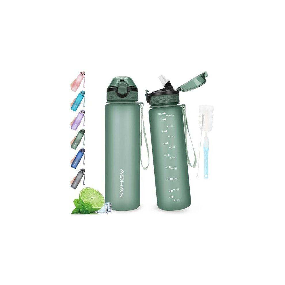 Aohan 1L Water Bottle With Leak Proof Flip Top Lid, Bpa Free Sport Drinking Bottle With Straw, Dishwasher Safe Water Bottle Non-Toxic Water Jug With