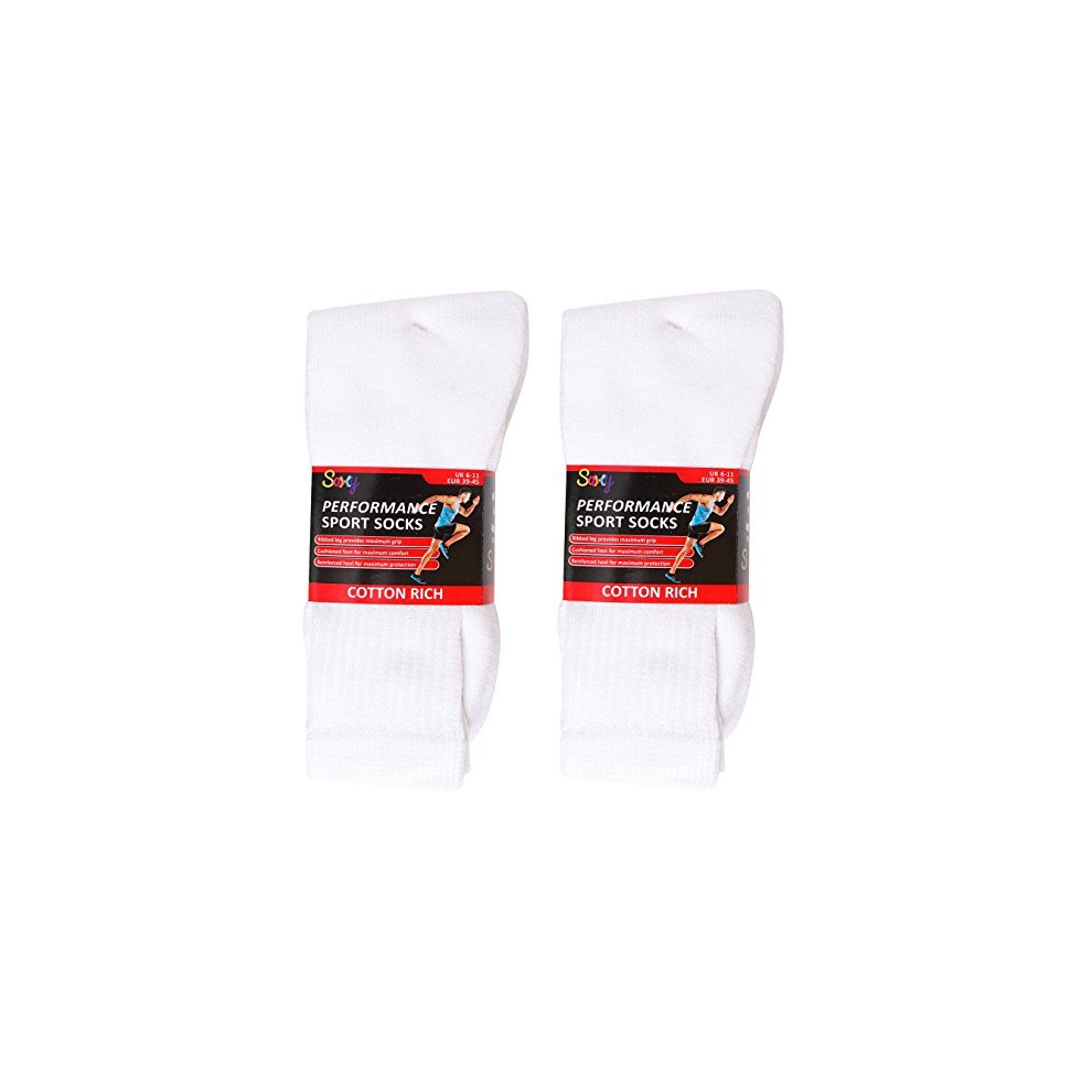 12 Pairs Mens Cotton Rich Sport Socks Work Socks Shoe Size 6-11 (White)