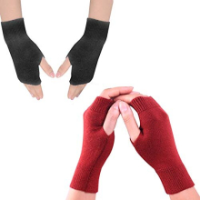 2 Pairs Cashmere-Feel Fingerless Gloves with Thumb Holes - Unisex Wrist Warmers, Black & Wine, Lightweight Winter Warmth