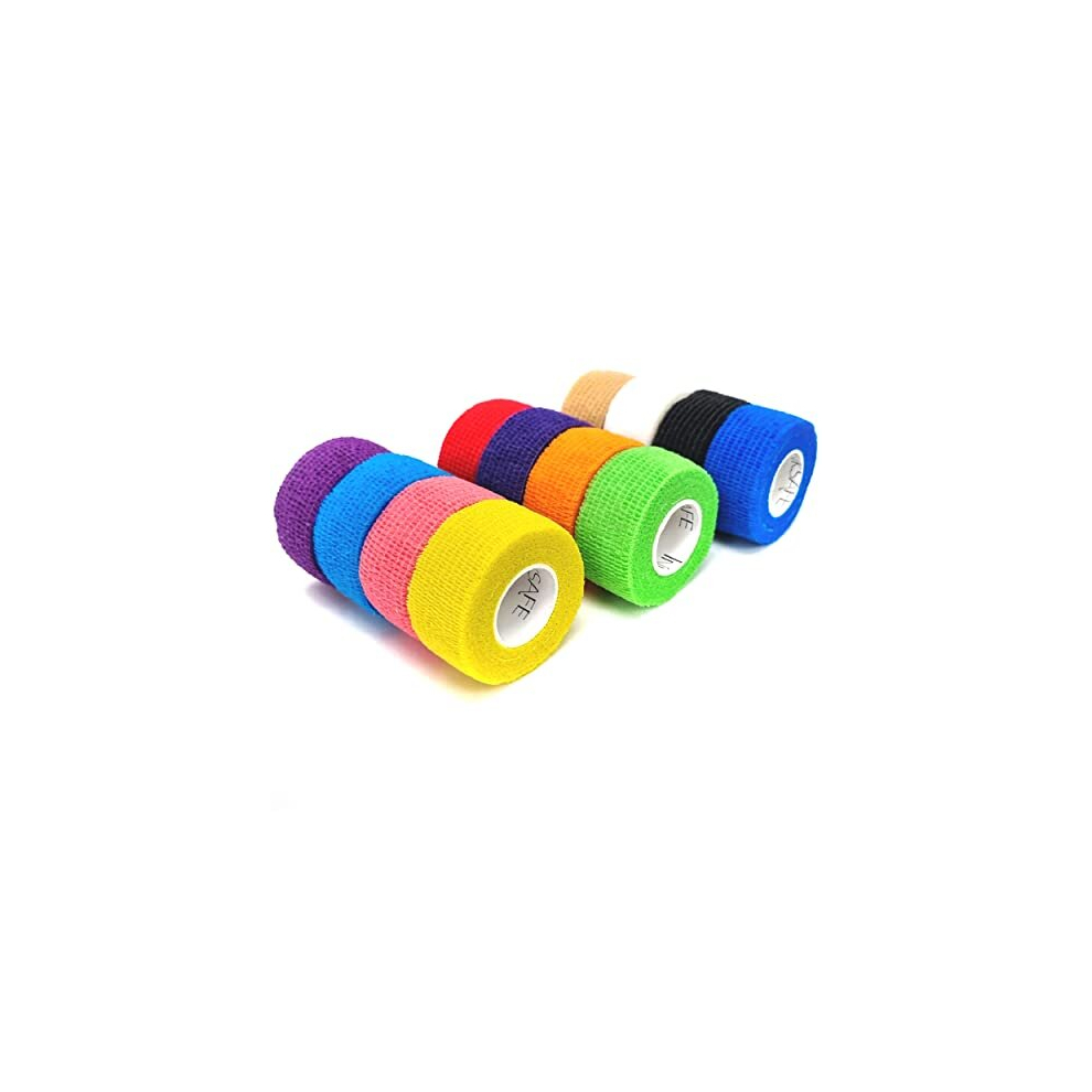 Inksafe Assorted Self Adherent Cohesive Bandages 2.5Cm X 4.5M Box Of 12 - Uses Include Vet Wrap, Tape For Wrist And Ankle Sprains, Finger And Thumb Tape,