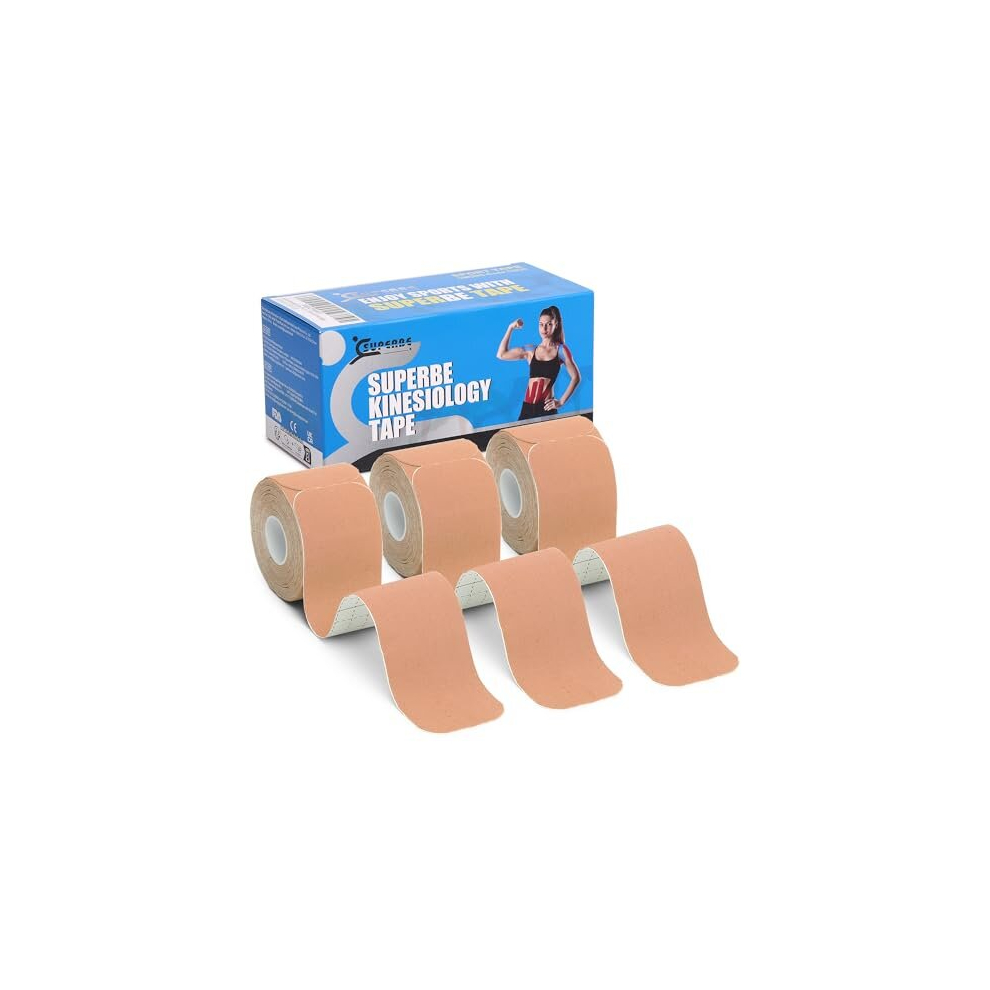 Pre Cut Kinesiology Tapes (3 Rolls Pack), Sports Tape Muscle Tape for Pain Relief, Muscle Support, Recovery and Physio Therapy (Beige)