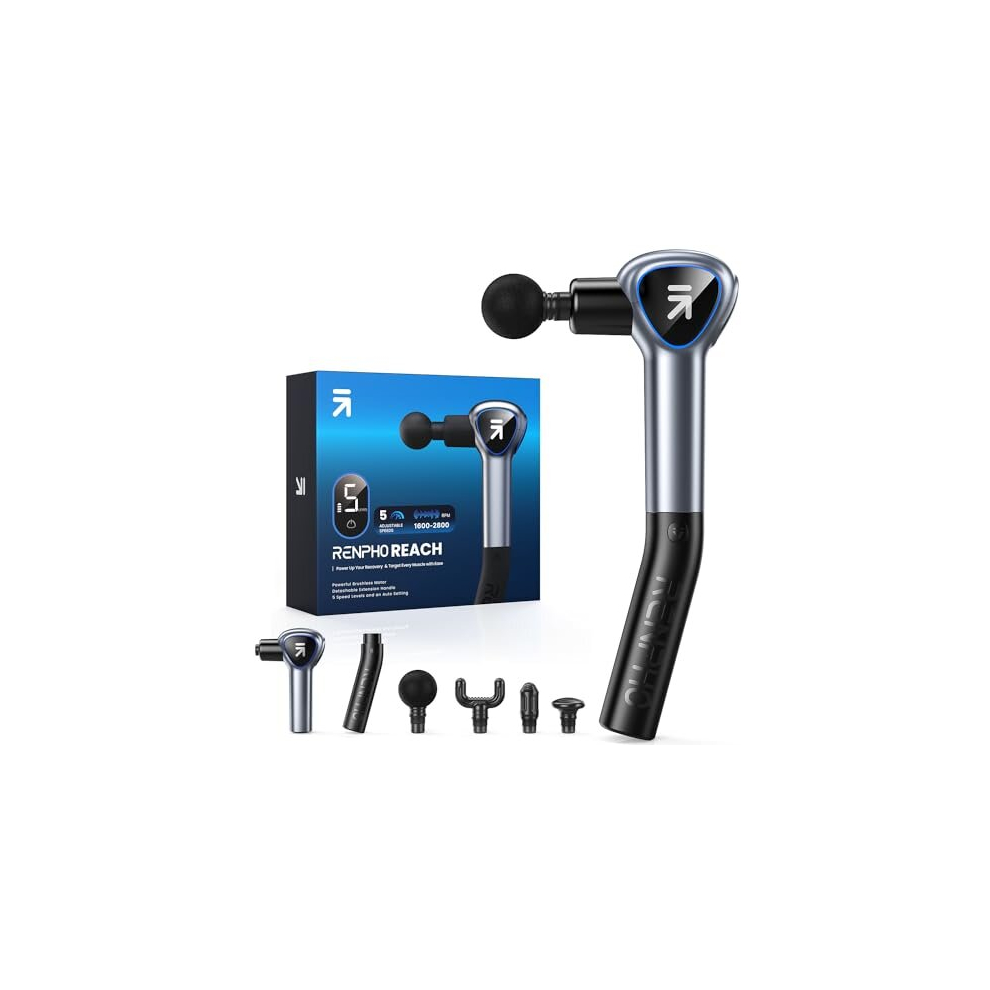 Massager Gun with Detachable Handle, RENPHO Reach Mini Massage Gun with Extension Handle, Muscle Massage Gun Deep Tissue with Touchable LED Screen for