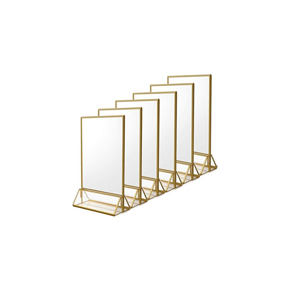 Hiimiei 6Pack A5 Clear Acrylic Sign Holder With Gold Borders And Vertical Stand, Double Sided Table Menu Holders Picture Frames For Wedding Table Numbers,