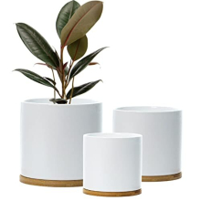 Set 3 Ceramic Plant Pots with Bamboo Coasters Indoor Planters White Pot Set Ceramic Flower Pots Containers Outdoor Large, Medium, Small with saucers
