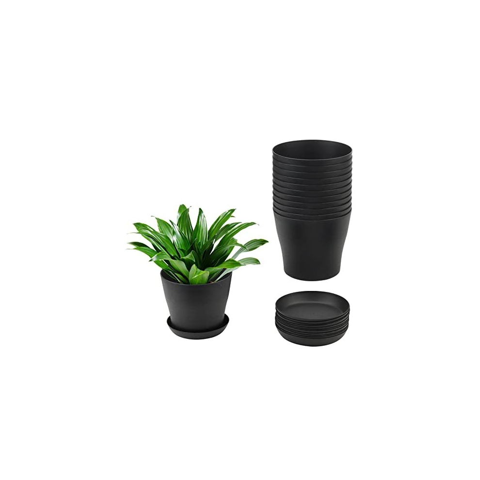 12 Pack 17cm Plastic Plant Pots with Saucers, Black Plastic Planters with Drainage, Round Flower Plant Pots for Indoor and Outdoor