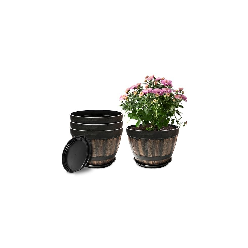 Plant Planters Pots Set of 4 Pack 9 Inch/23cm,Plastic Flower Pots Planters for Indoor Plants with Drainage Holes & Saucer.Lightweight Resin Whiskey