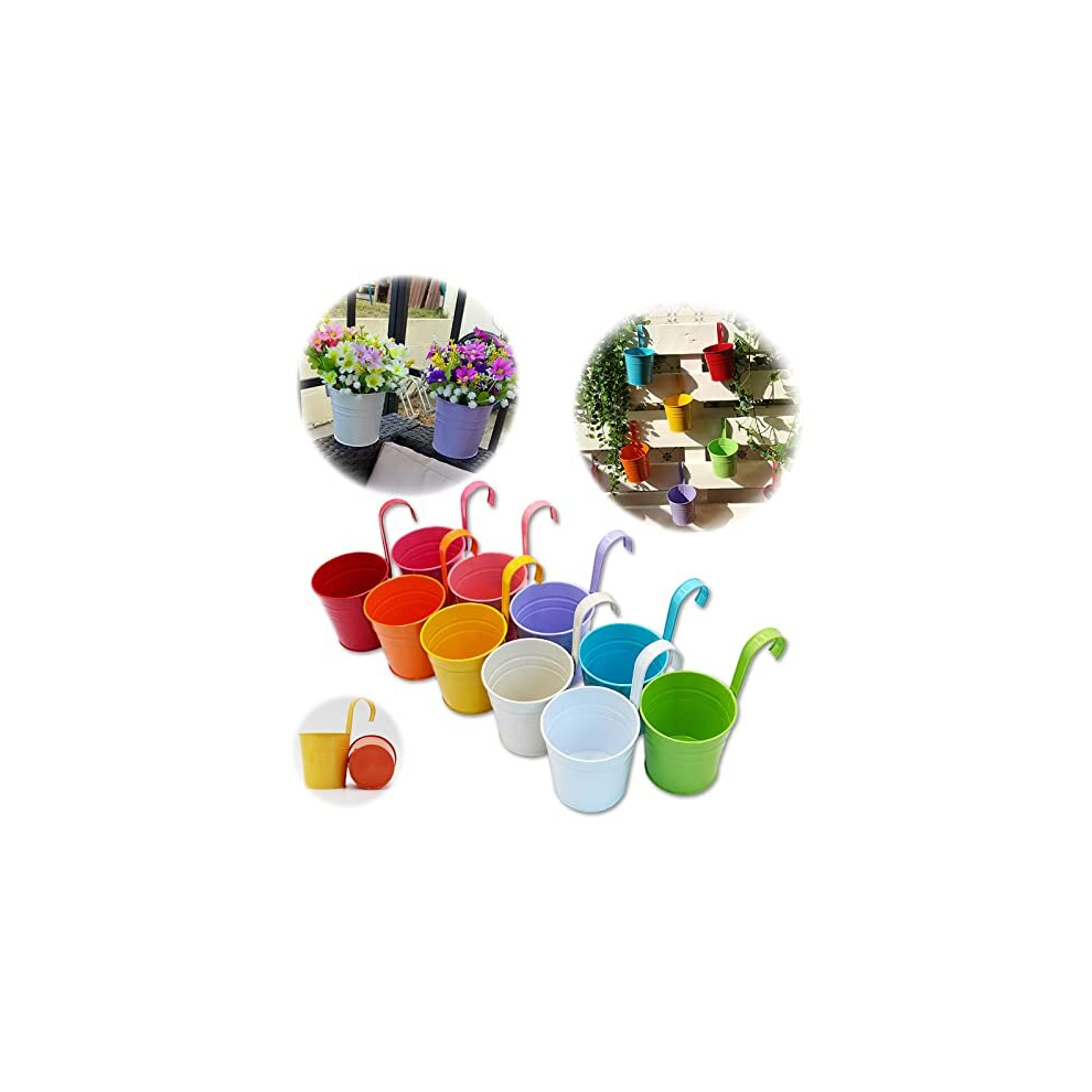 Metal Flower Pot Vase Bucket Hanging Garden Planter without Drainage Hole, Balcony Home Decor, Detachable Hook (10 Pcs with Assorted 10 Colours)