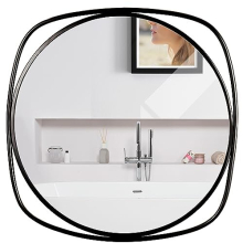 Wall Hanging Modern Round Mirror - 48cm/18.9 Inches - Square Metal Frame - Black Decorative Wall-Mounted Vanity Mirror for Home Bathroom, Living Room