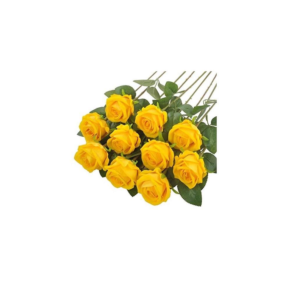 Fake Roses Artificial Flowers with Long Stem for Decoration Bouquet Wedding Floral Arrangement 10pcs (Yellow)