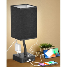 Bedside Table Lamp, Touch Control Nightstand Bedroom Lamp with USB C & USB A Charging Ports, 2 Way Outlets, Minimalist Black Fabric LED Desk Night