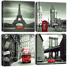 4 Pieces Wall Art Canvas Prints - Red Cityscape with Eiffel Tower, Big Ben, Tower Bridge Picture Painting- Modern Wall Artwork Framed for Bathroom