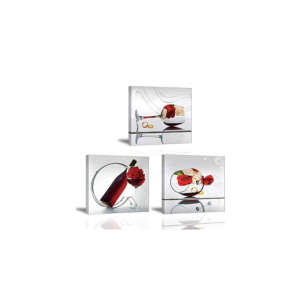 Modern Canvas Painting Wall Art For Home Decor Red Wine Glass with Roses Flower Print On Canvas Picture Image Artwork Stretched and Framed For Kitchen