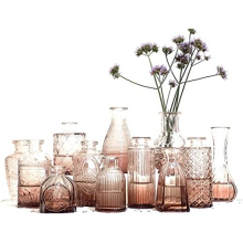 12 Small Glass Flower Vase for Wedding Centrepiece Table Decorations, Pink Clear Crystal Vintage Embossed Bud Mini Flowers Vases in for Party or Home