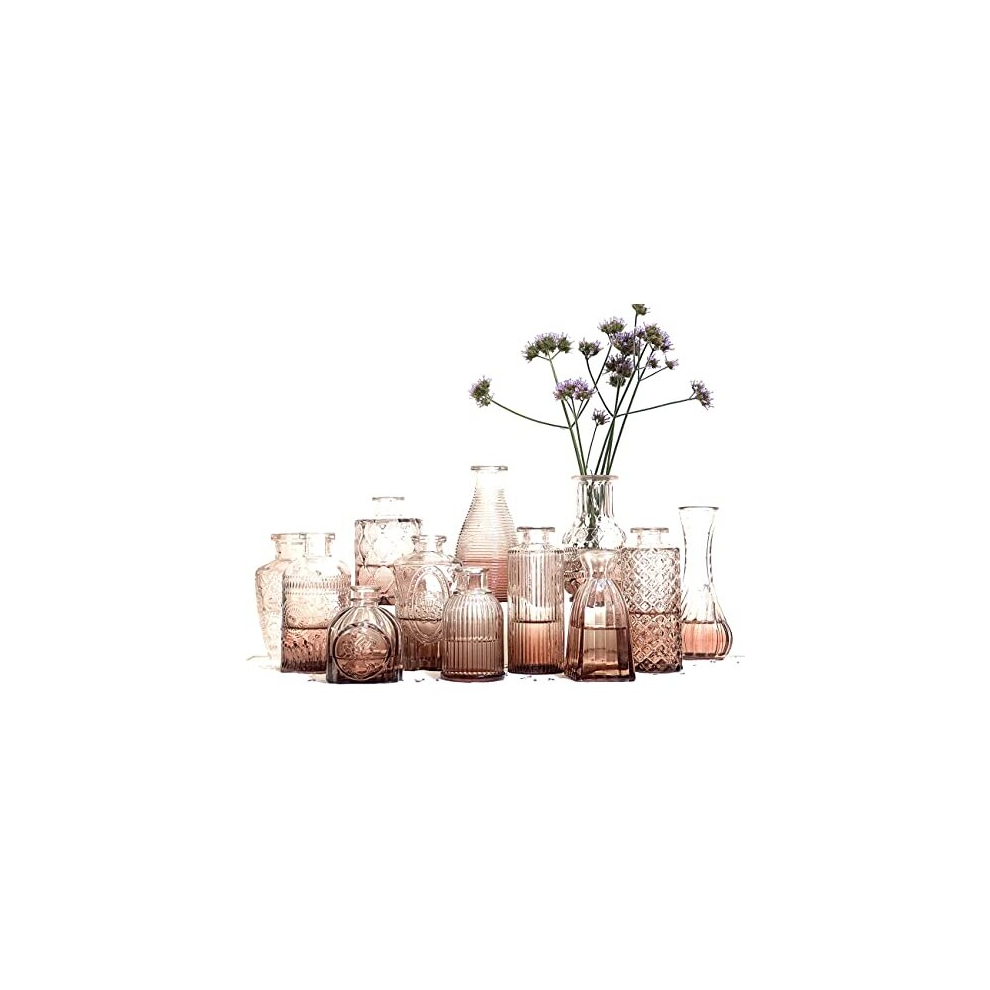 12 Small Glass Flower Vase for Wedding Centrepiece Table Decorations, Pink Clear Crystal Vintage Embossed Bud Mini Flowers Vases in for Party or Home