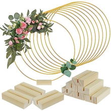 10Pcs Metal Floral Hoop Centerpiece with 10 Wood Stands 30cm/12inch Round Gold Hoop Ring Sturdy DIY Wreath Ring Table Decoration for Wedding Party