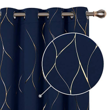 Eyelet Curtains, Blackout Home Decoration Thermal Insulated Gold Wave Foil Printed Material Curtains for Boys Bedroom, 46 x 54 Inch (Width x Length),