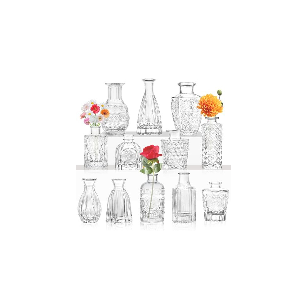 Glass Bud Vase - Small Vases for Flowers, Clear Bud Vases in Bulk, for Centerpieces, Mini Vintage Vase for Wedding Home Table Decor (12PCS)