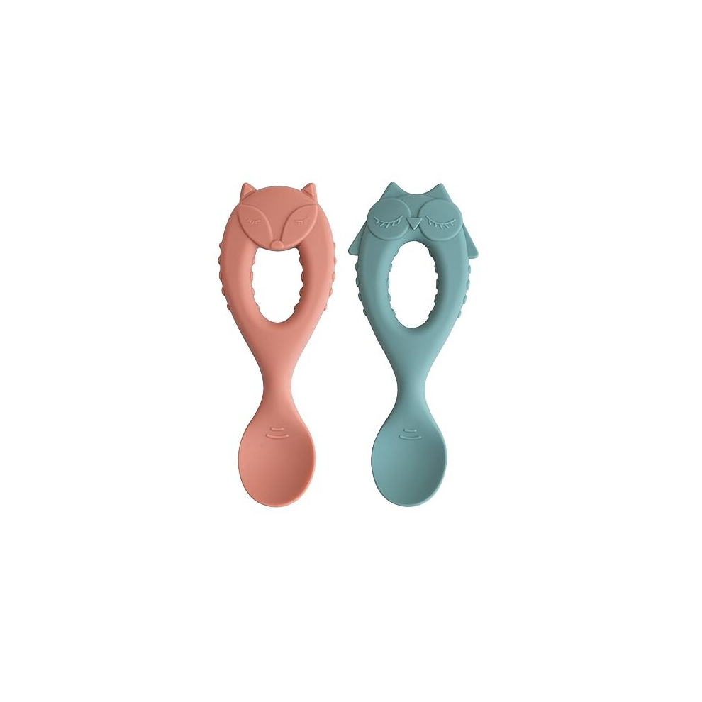 Tidy Tot Silicone Baby Spoon Set. Pack Of 2 Baby Weaning Spoons. Soft Tip Silicone Weaning Spoons With Easy Grip Handle For Baby Weaning. 2 Pack. Owl And Fox