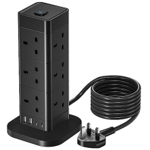 5M Tower Extension Lead with USB Slots, Hotimy 12 AC Outlets Surge Protected Extension Lead with 4 USB Ports Power Strip Multi Socket Plug Extension