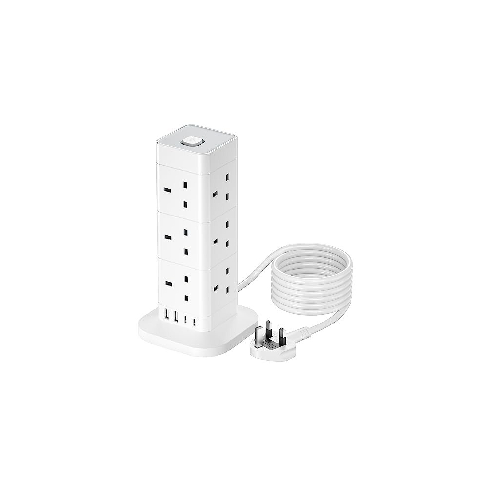 3M Tower Extension Lead with USB C, Hotimy 12 Way Multi Plug Extension Tower with 4 USB (2 Type C & 2 USB A Ports) Surge Protected Extension Cord 13A