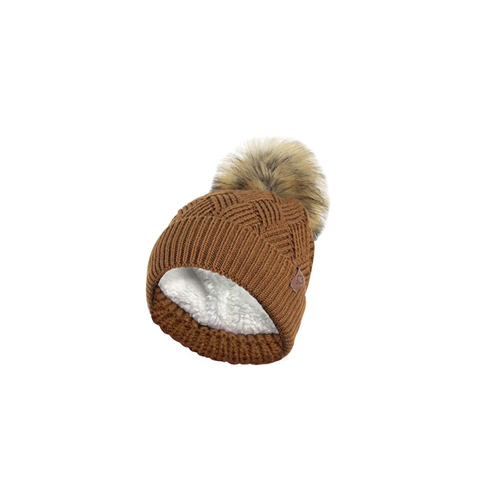 Ladies Warm Chunky Diamond Cable Knit Hat with Thermal Teddy Fleece Lining and Detachable Faux Fur Pompom-Chestnut