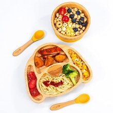 Bamboo Dog Plate Bowl and Spoon Set for Baby Toddler Kids Children, Suction Plate, Stay-Put Non-Slip Base Design, Hypoallergenic, Food-Grade Silicone