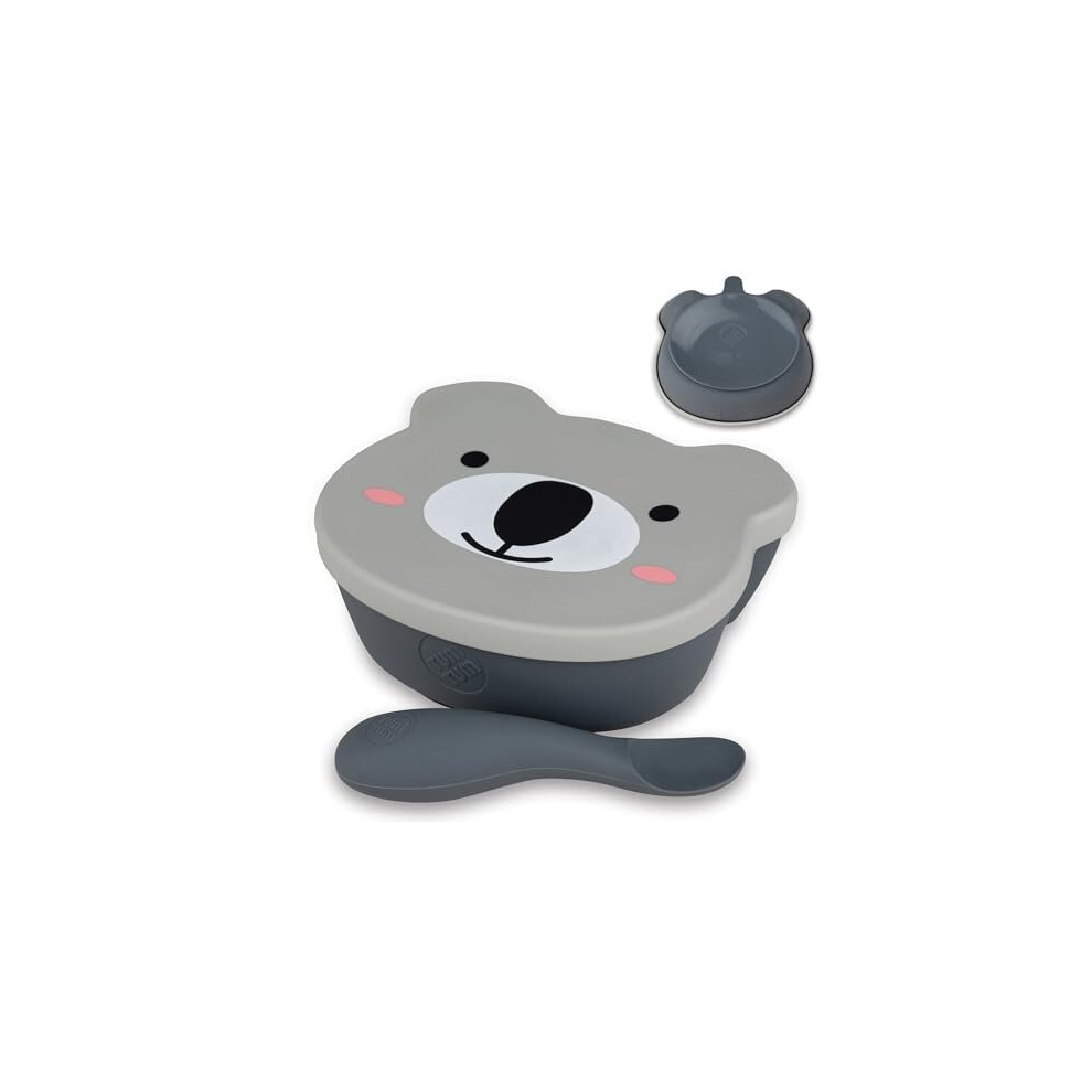 Baby & Toddler Stay Put Suction Bowl With Lid & Spoon, Stay Put Silicone Weaning Bowl & Spoon, First Feeding, Baby Led Weaning, 6M+, Kev Koala, Grey Tum Tum