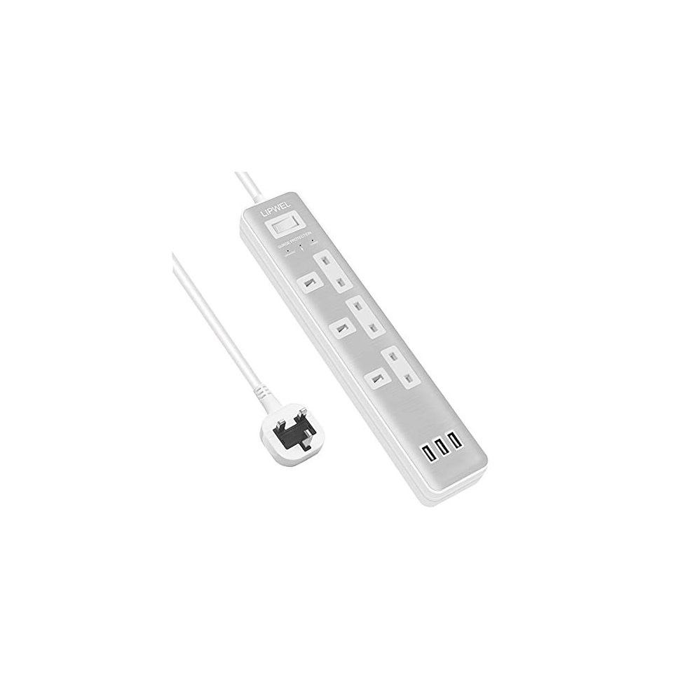 Extension Lead 1000J Surge Protector 3 USB Ports Power Strip 6FT Extension Cord White Overload Multiple Outlets