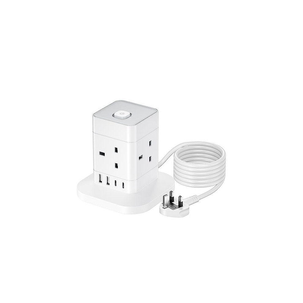 5M Extension Lead with USB Slots, Hotimy 13A Cube Extension Lead with 2 USB A and 2 USB C Ports, 4 Way Plug Extension Socket with Switch Power Strip 5