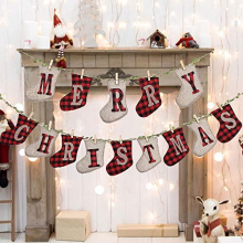 Merry Christmas Banners, Sock Shaped Christmas Burlap Banners,Christmas Banners Flags Outdoor Indoor Vintage Hanging Decorations, for Christmas Party