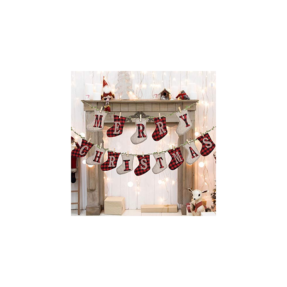 Merry Christmas Banners, Sock Shaped Christmas Burlap Banners,Christmas Banners Flags Outdoor Indoor Vintage Hanging Decorations, for Christmas Party