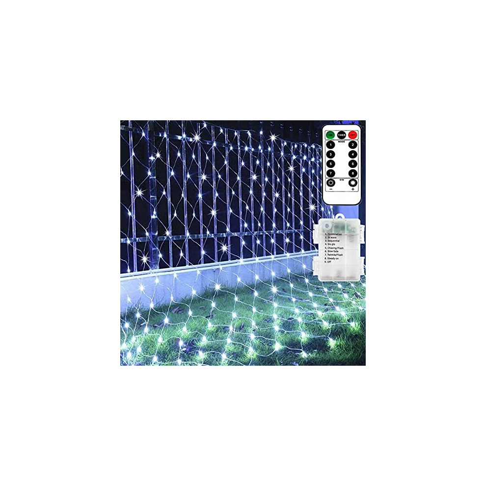 1.5m x 1.5m Garden Net Lights String Cool White, Battery 100 LED Fairy Lights Waterproof IP65, 8 modes Remote Timer Dimmable Patio Curtain Lights for