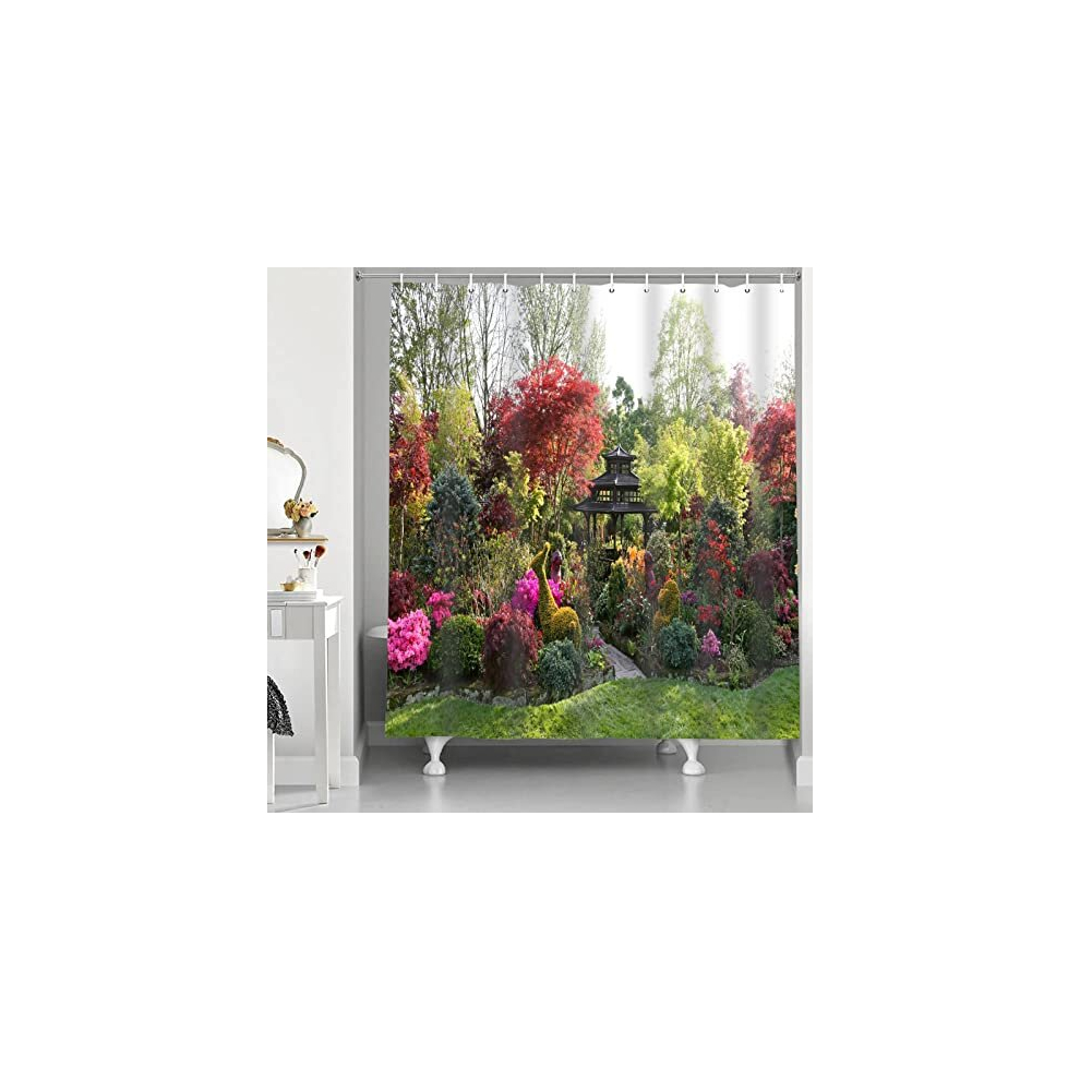 Shower Curtain 3D Garden View Flowers Trees Outdoor Nature Scenery Waterproof Cloth Fabric Bathroom Decor Set with Hooks 60x72 Inch