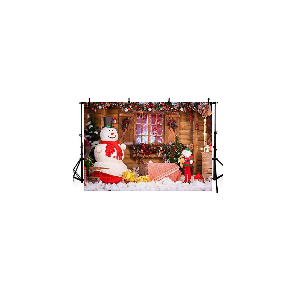 7x5ft Splendid Merry Christmas Party Banner Holiday Winter Photo Studio Backdrop Snow Man Christmas Bells Wood Backgrounds for Photography 