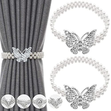 Curtain Tie backs 2 Pcs Metal TieBacks with Classy Small Pearl Elastic Rope Curtains Hold Holdbacks for Home Office Hotel Window Drape Deco No-Install