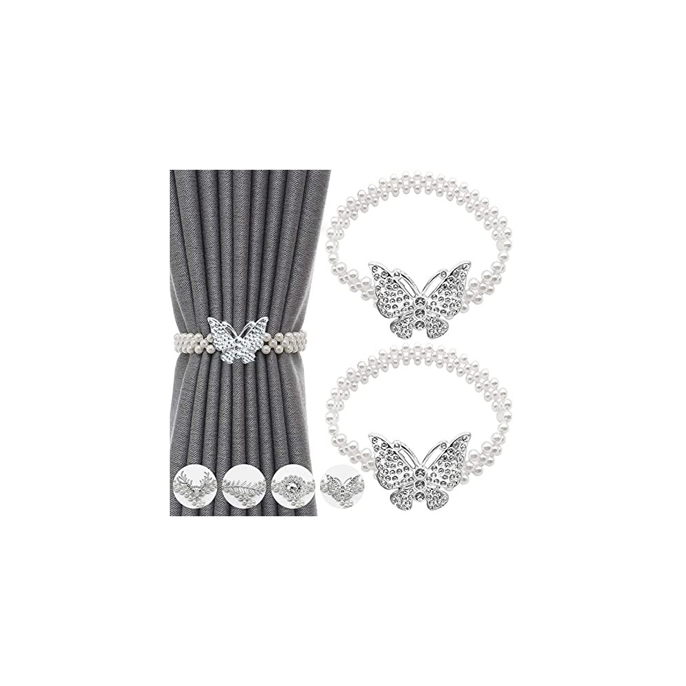 Curtain Tie backs 2 Pcs Metal TieBacks with Classy Small Pearl Elastic Rope Curtains Hold Holdbacks for Home Office Hotel Window Drape Deco No-Install
