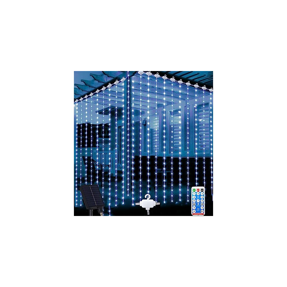 Solar Curtain Lights 3m x 3m Gazebo Lights with Remote Control, 8 Modes 300 LED Curtain Fairy Lights Waterproof Waterfall Fairy Lights for Pergola