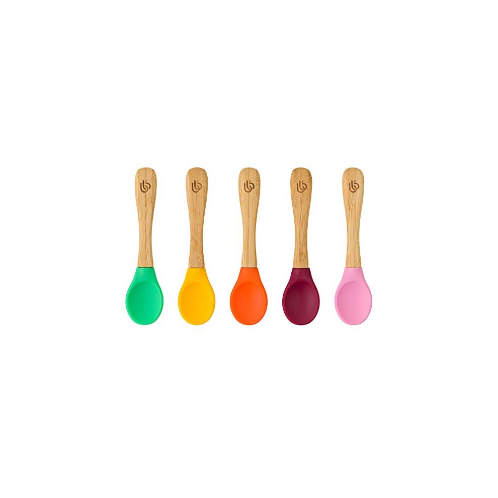 Bamboo Bamboo Baby Weaning Spoons Set Of 5 | Bamboo With Soft Silicone Tips | Ergonomic Easy Grip Handles | Bpa-Free (Set Of 5)