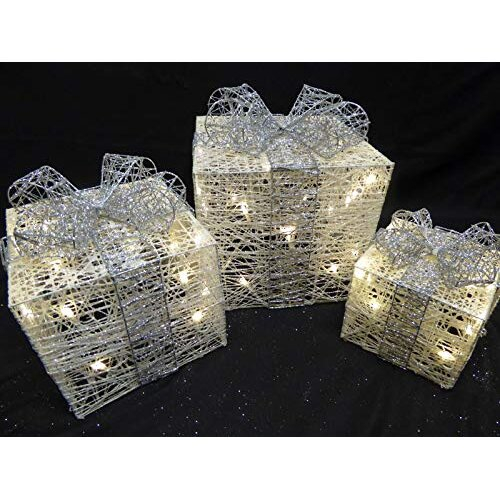 Large Glitter White And Silver Light Up Christmas Parcels Set With LED