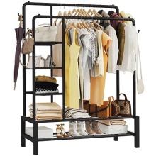 KLASS HOME KL-TR001BK Heavy Duty Freestanding Clothes Rail, 120KG Capacity, Double Hanging Rails, Shelves, Hooks & Shoe Racks - Black