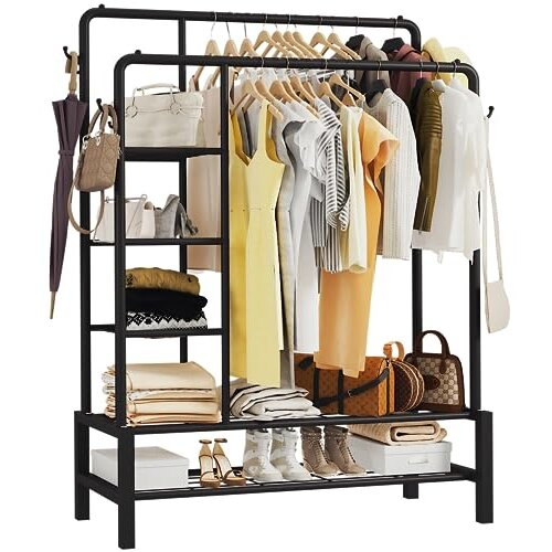 KLASS HOME KL-TR001BK Heavy Duty Freestanding Clothes Rail, 120KG Capacity, Double Hanging Rails, Shelves, Hooks & Shoe Racks - Black