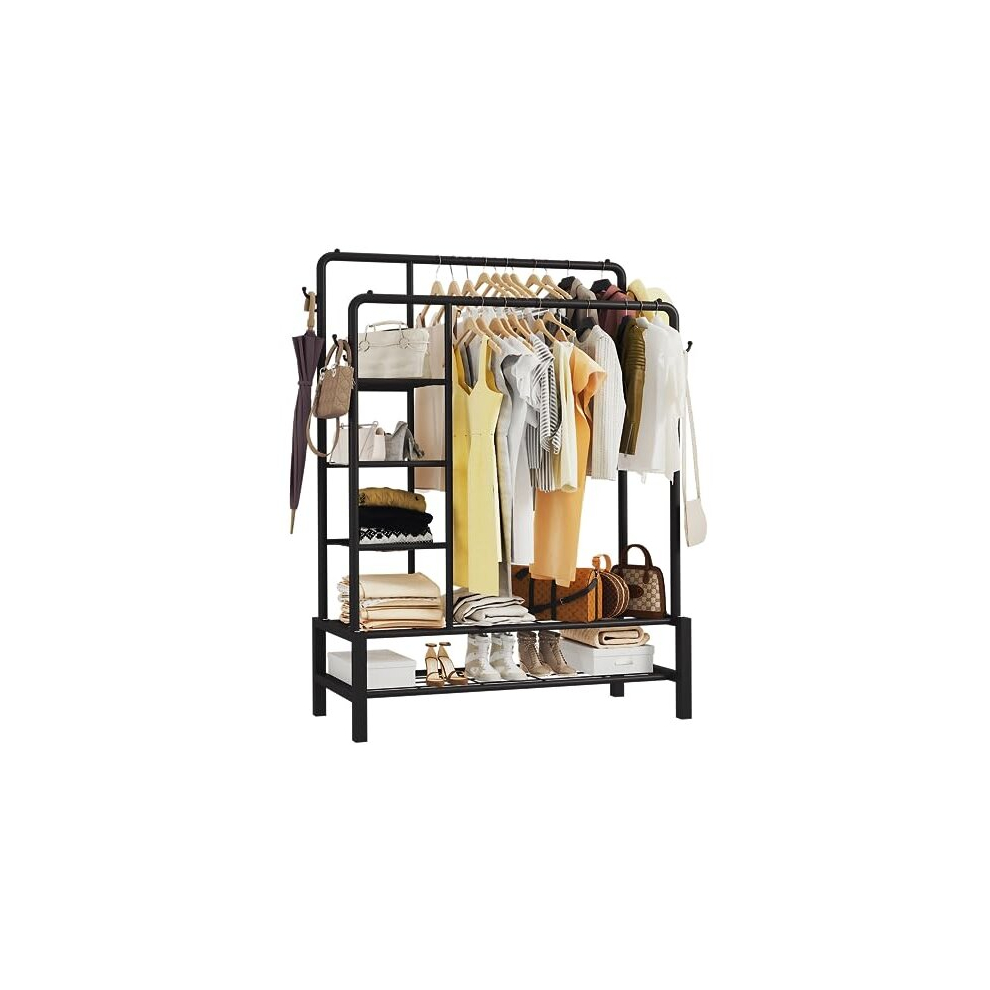 KLASS Heavy Duty Clothes Rail, Sturdy 120KG Black Metal Rack With Double Hanging Clothing Shoe Rack, Storage Shelves & 4 Coat Hooks, Freestanding