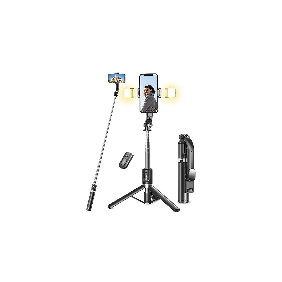 Selfie Stick Tripod with 2 Fill Lights, 45'' Extra Long Phone Tripod with Detachable Remote, Compatible with iPhone, Samsung, Smartphone, GoPro