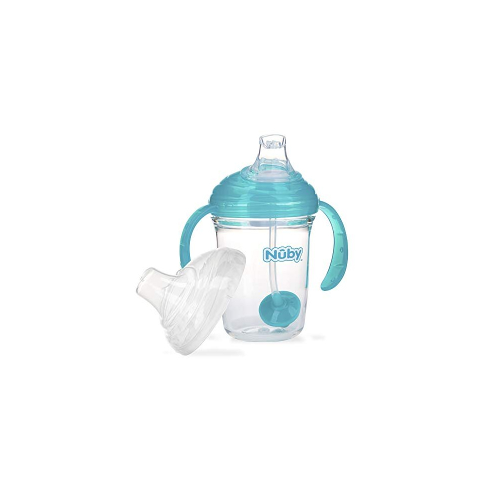 Nuby No Spill 360 Weighted Straw Grip N' Sip Tritan Cup With Hygienic Cover, 8 Oz, Trainer Cup, Teal